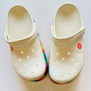 Kids White Clogs with Rainbow Accents